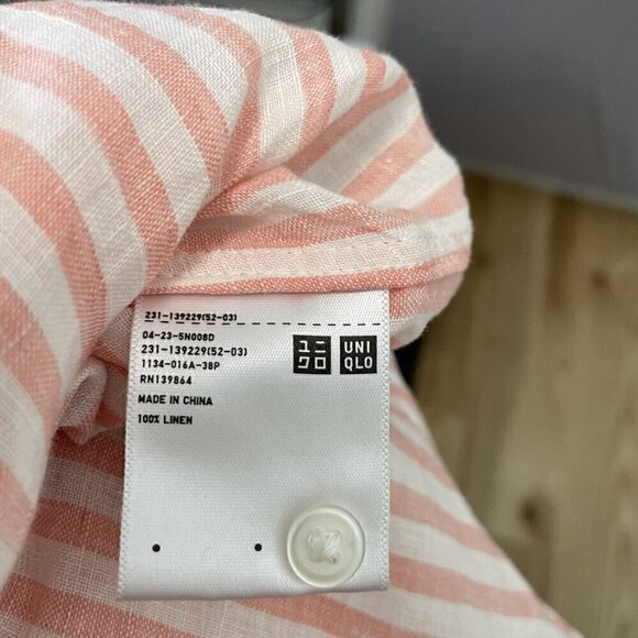 Uniqlo 100% Linen Stripe Button Front Shirt Top Lightweight Pink size Large - Picture 7 of 7